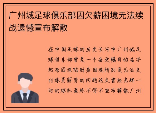 广州城足球俱乐部因欠薪困境无法续战遗憾宣布解散